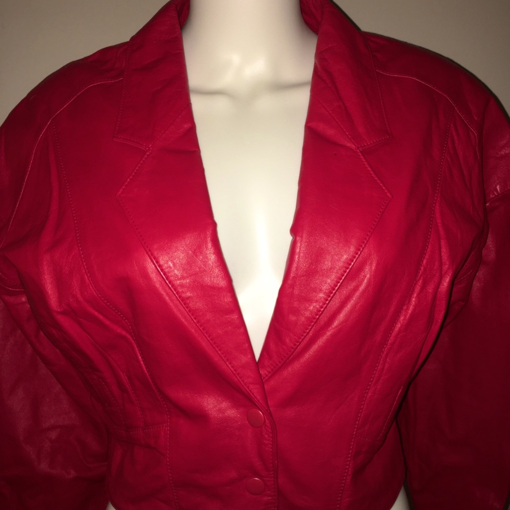 Cropped red leather jacket.